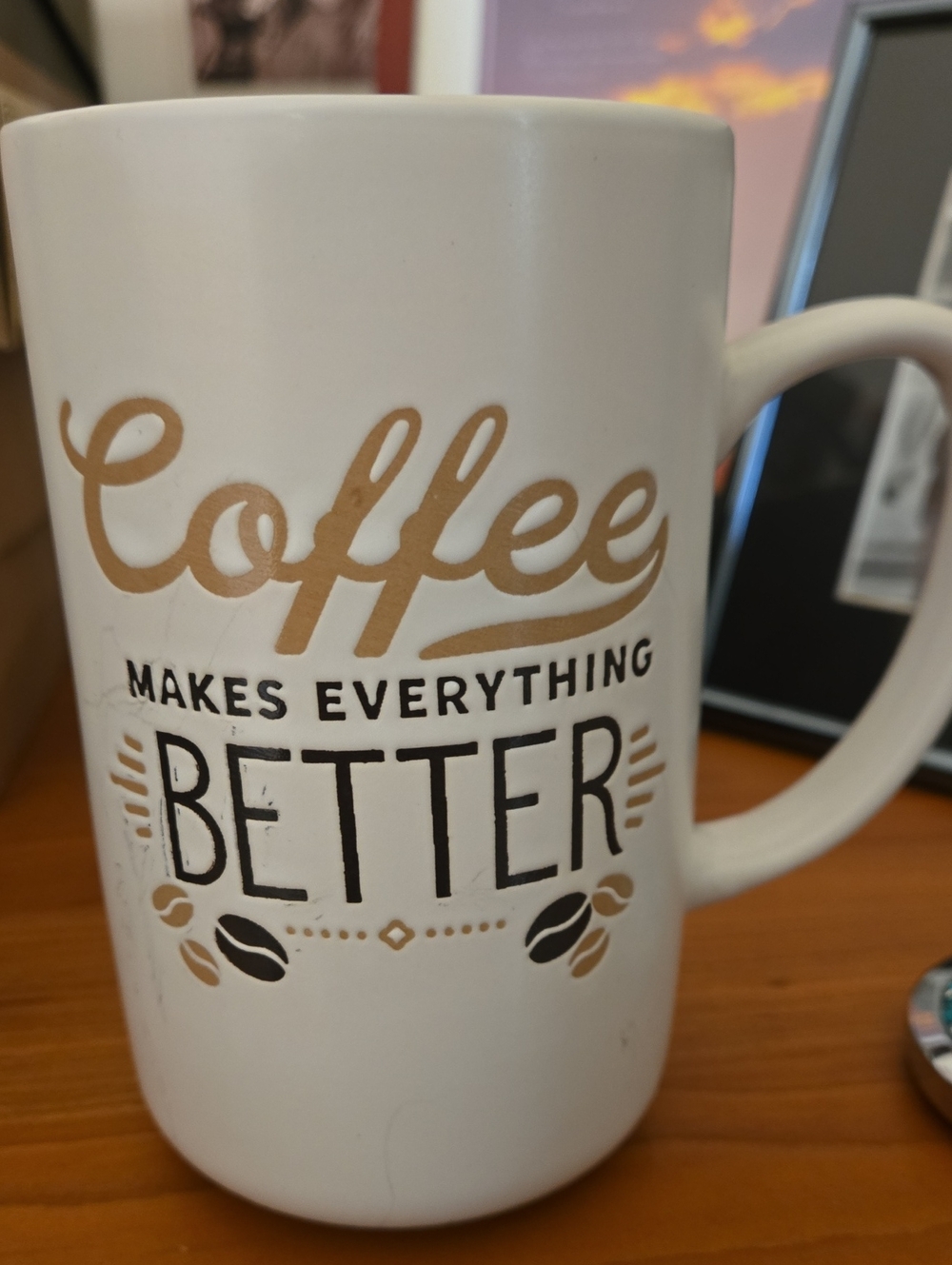 Boston Warehouse White Mug with Gold & Black 'Coffee Makes Everything Better'